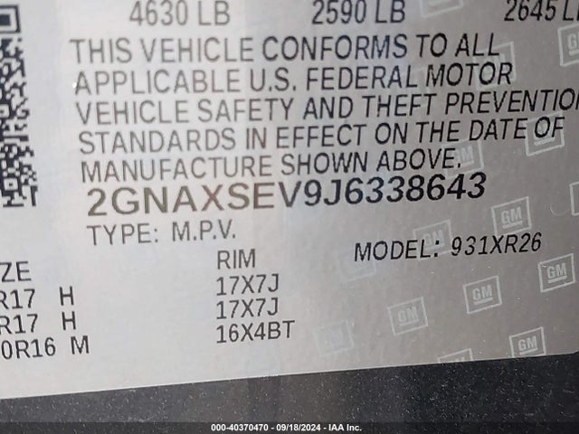 Chevrolet EQUINOX LT 2018 2GNAXSEV9J6338643 Image 9