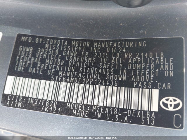 Toyota COROLLA LE 2024 5YFB4MDE1RP124436 Image 9