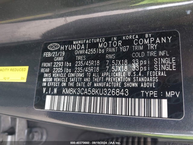 Hyundai Kona Limited 2019 KM8K3CA58KU326843 Image 9