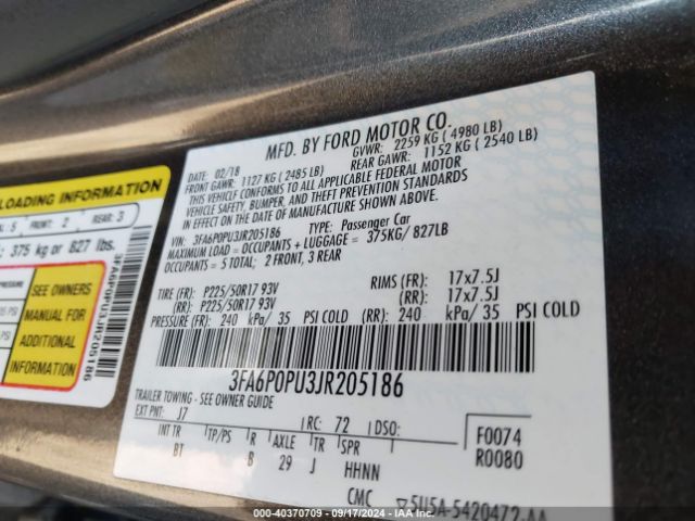 3FA6P0PU3JR205186 Ford Fusion Energi Se Luxury