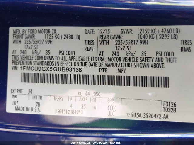 Ford ESCAPE SE 2016 1FMCU9GX5GUB93138 Image 9