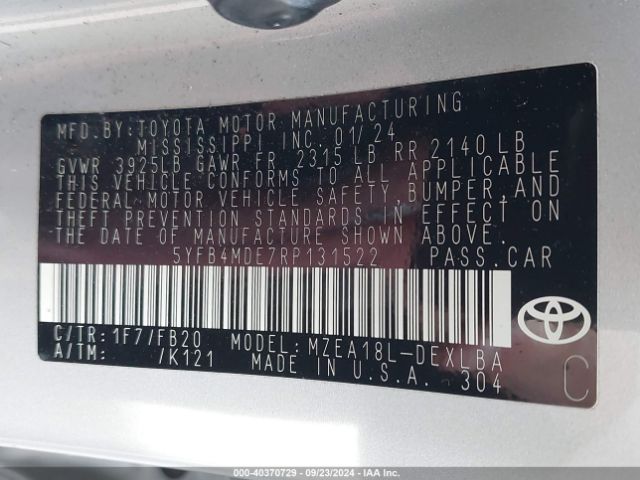 5YFB4MDE7RP131522 Toyota COROLLA LE