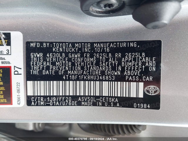 Toyota CAMRY SE 2017 4T1BF1FK8HU346853 Image 9