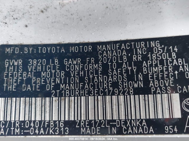Toyota COROLLA LE 2014 2T1BURHE3EC179228 Image 9