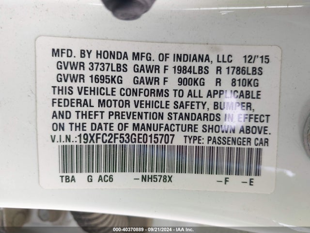 Honda Civic Lx 2016 19XFC2F53GE015707 Image 9