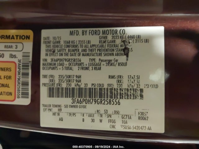 Ford FUSION SE 2016 3FA6P0H79GR258556 Image 9