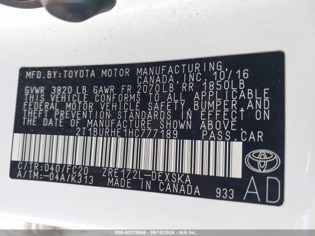 Toyota COROLLA SE 2017 2T1BURHE1HC777189 Image 9