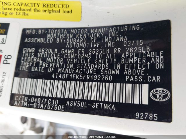 4T4BF1FK5FR492260 Toyota CAMRY LE