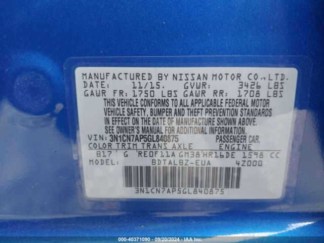 3N1CN7AP5GL840875 Nissan Versa 1.6 S/1.6 S+/1.6 Sl/1.6 Sv