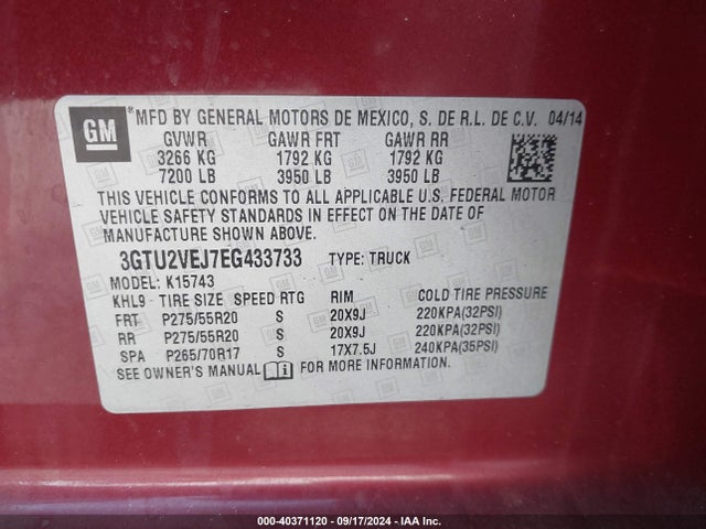 GMC Sierra 1500 Slt 2014 3GTU2VEJ7EG433733 Image 9