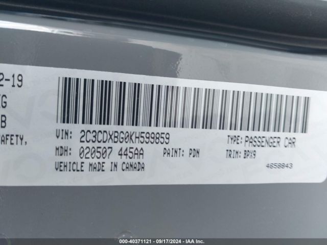 2C3CDXBG0KH599859 Dodge Charger Sxt Rwd