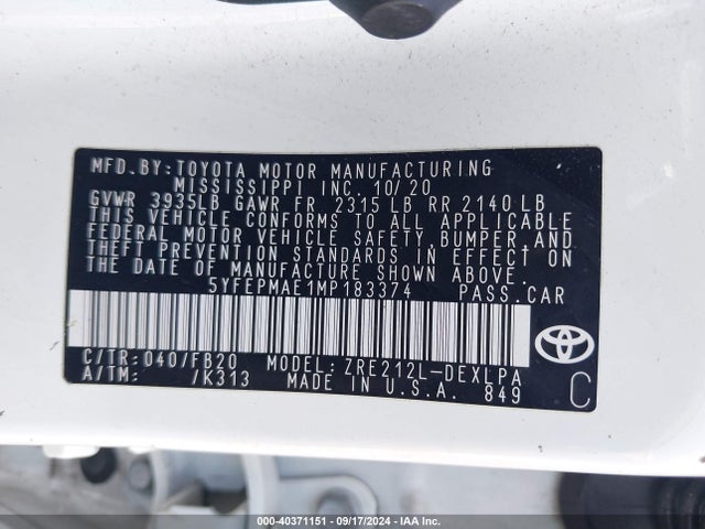 Toyota COROLLA LE 2021 5YFEPMAE1MP183374 Image 9
