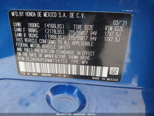 3CZRU6H58MM734753 Honda Hr-v Awd Ex