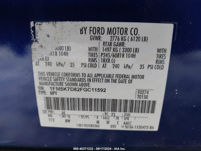 Ford EXPLORER XLT 2015 1FM5K7D82FGC11592 Image 9