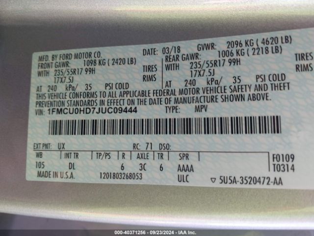 1FMCU0HD7JUC09444 Ford ESCAPE SEL