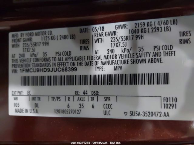1FMCU9HD9JUC68399 Ford ESCAPE SEL