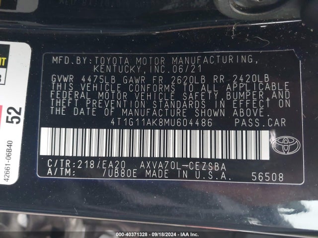 Toyota CAMRY SE 2021 4T1G11AK8MU604486 Image 9