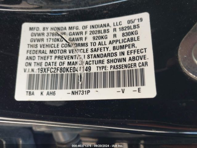 19XFC2F80KE041149 Honda Civic Sport
