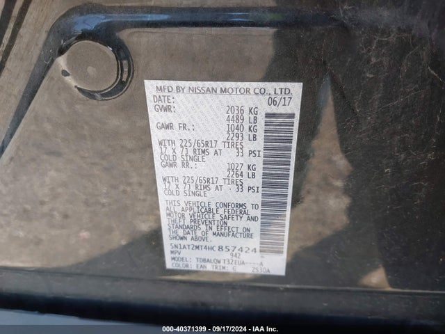 Nissan ROGUE SV 2017 5N1AT2MT4HC857424 Image 9
