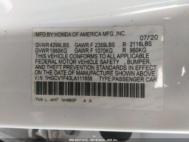 1HGCV1F43LA111656 Honda ACCORD EX