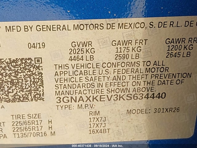 Chevrolet EQUINOX LT 2019 3GNAXKEV3KS634440 Image 9