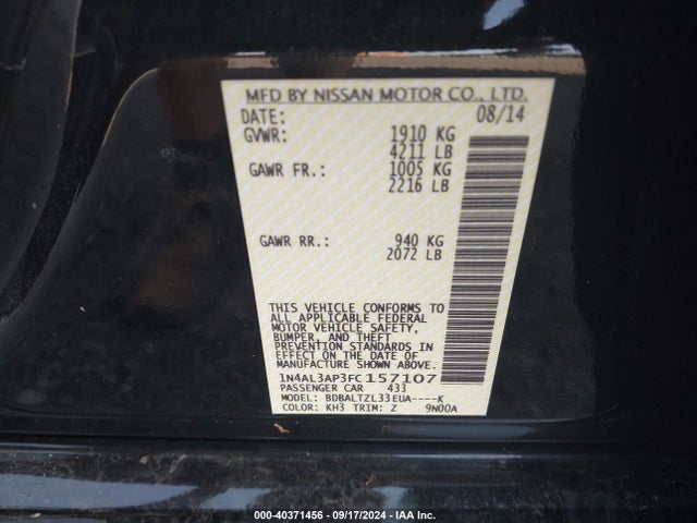 Nissan Altima 2.5 Sl 2015 1N4AL3AP3FC157107 Image 9