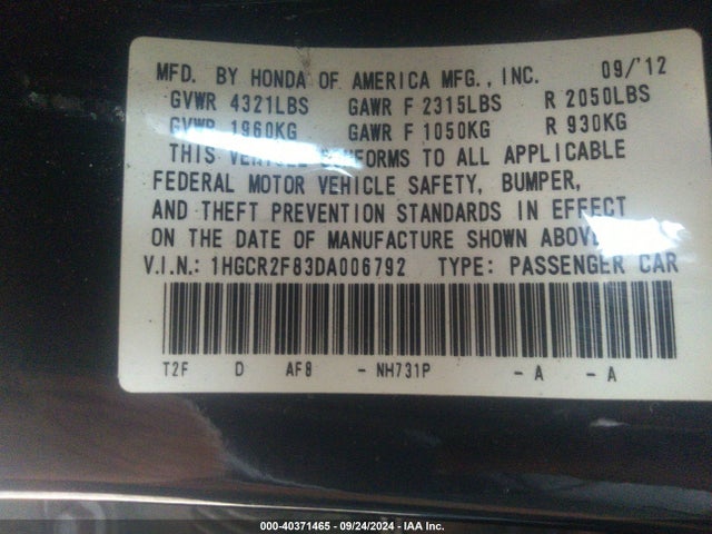 Продажа на аукционе авто 2013 Honda Accord Ex-l, vin: 1HGCR2F83DA006792, номер лота: 40371465