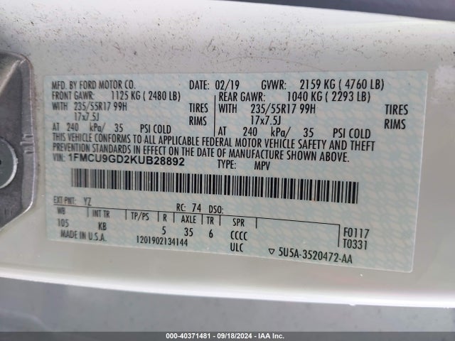 Ford ESCAPE SE 2019 1FMCU9GD2KUB28892 Image 9