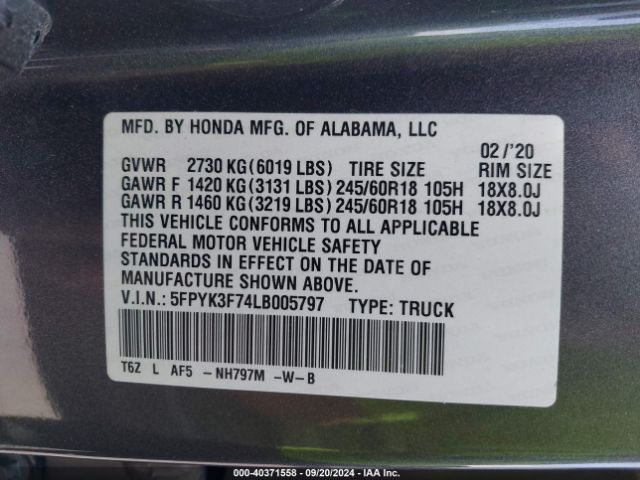 5FPYK3F74LB005797 Honda Ridgeline Rtl-e