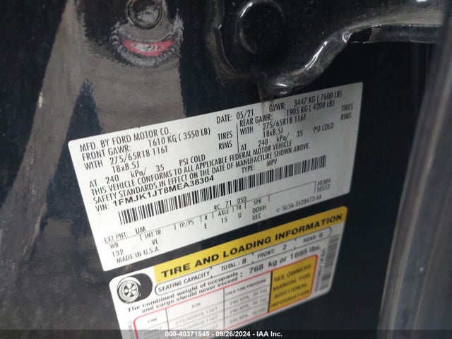 Ford Expedition Xlt Max 2021 1FMJK1JT8MEA38304 Image 9