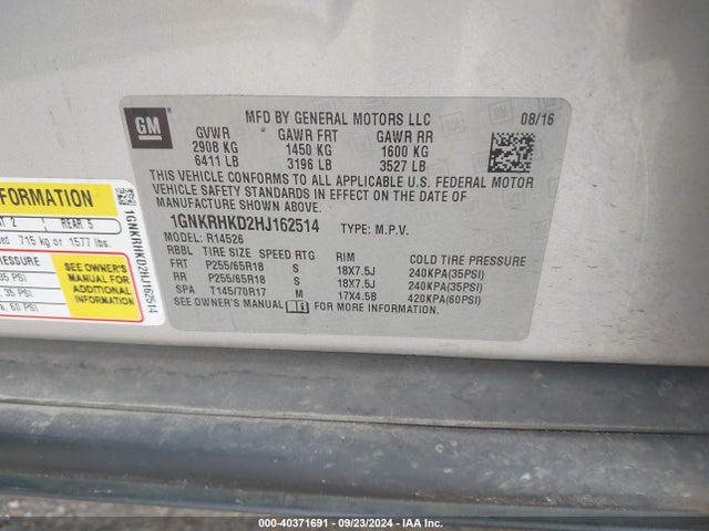 1GNKRHKD2HJ162514 Chevrolet Traverse 2lt