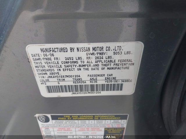 40371801 :رقم المزاد ، JNKAY01E67M301204 vin ، 2007 Infiniti M35 مزاد بيع