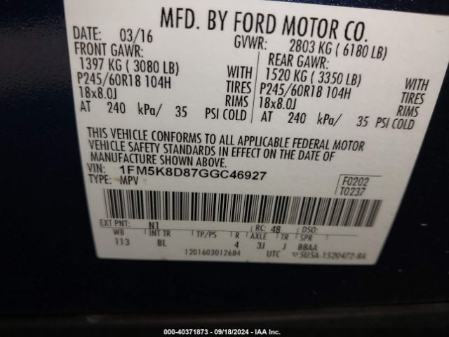 1FM5K8D87GGC46927 Ford EXPLORER XLT