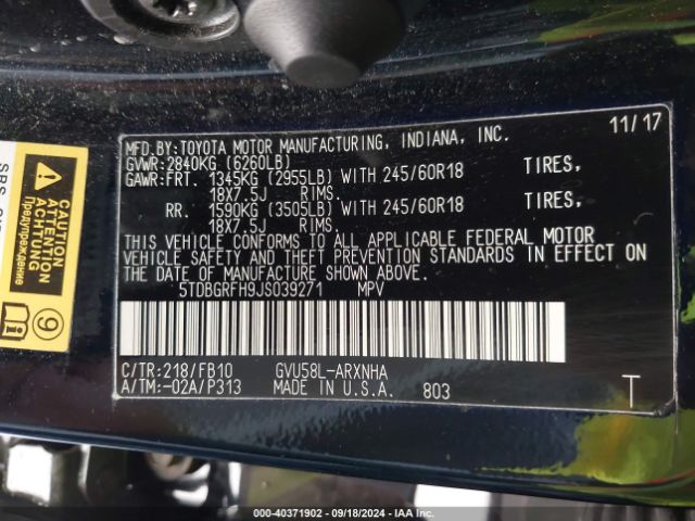 5TDBGRFH9JS039271 Toyota Highlander Hybrid Le