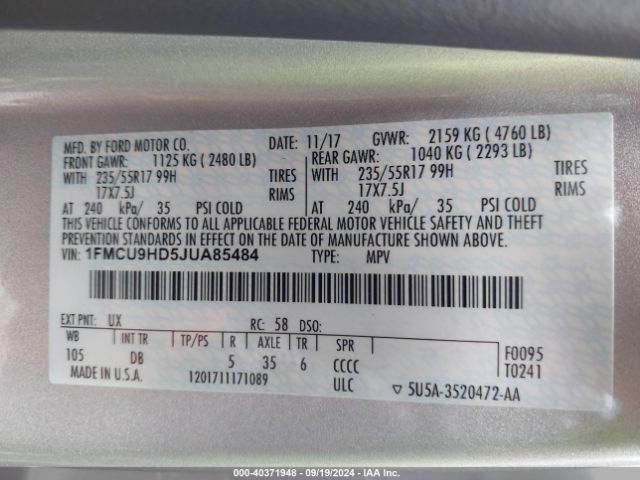1FMCU9HD5JUA85484 Ford ESCAPE SEL