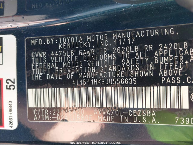 Toyota CAMRY SE 2018 4T1B11HK5JU556635 Image 9