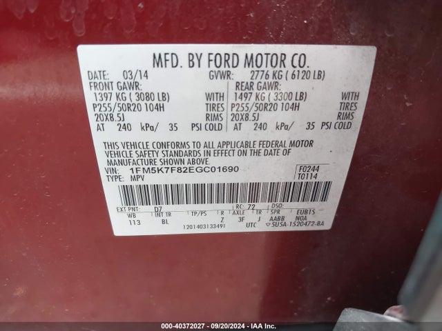 Ford Explorer Limited 2014 1FM5K7F82EGC01690 Image 9