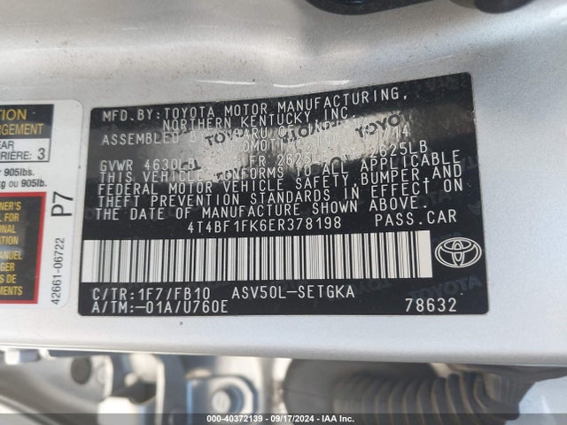 Toyota CAMRY XLE 2014 4T4BF1FK6ER378198 Image 9