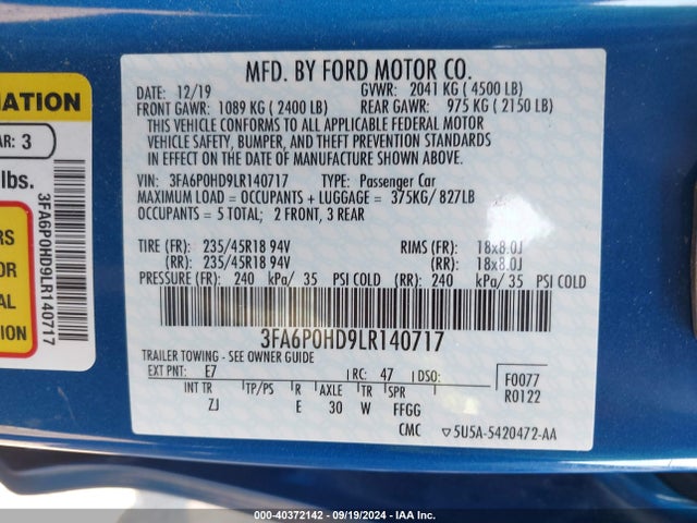 Ford FUSION SE 2020 3FA6P0HD9LR140717 Image 9