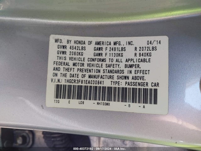 Honda Accord Ex-l V-6 2014 1HGCR3F81EA030841 Image 9