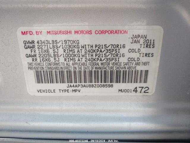 2011 MITSUBISHI OUTLANDER SPORT JA4AP3AU8BZ008598 Photo 8
