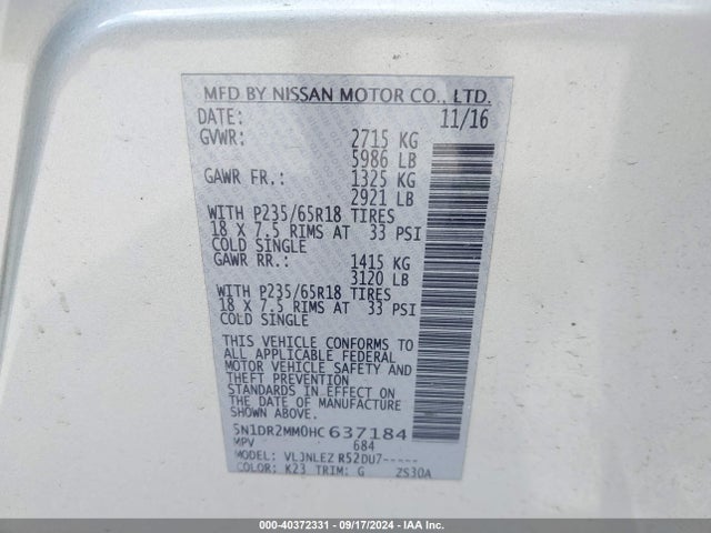 Nissan Pathfinder Sv 2017 5N1DR2MM0HC637184 Image 9