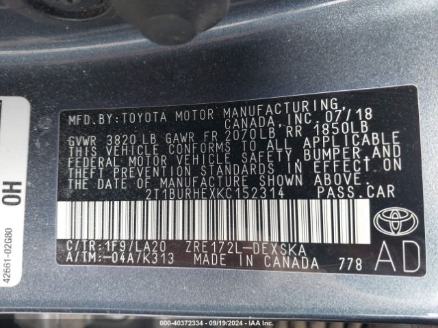 2T1BURHEXKC152314 Toyota Corolla Xse