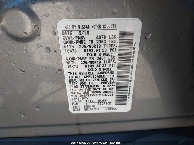 JN8AT2MV7GW135033 Nissan Rogue Sl