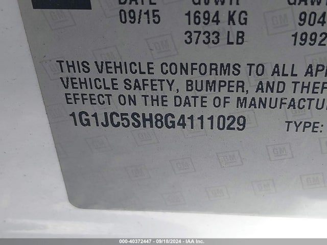 Chevrolet Sonic Lt Auto 2016 1G1JC5SH8G4111029 Image 9
