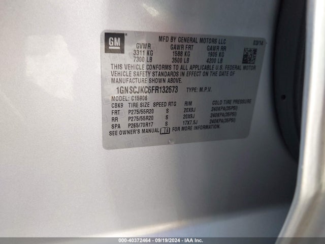 Chevrolet Suburban 1500 Lt 2015 1GNSCJKC6FR132673 Image 9