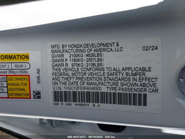 1HGCY2F63RA046900 Honda Accord Hybrid Ex-l