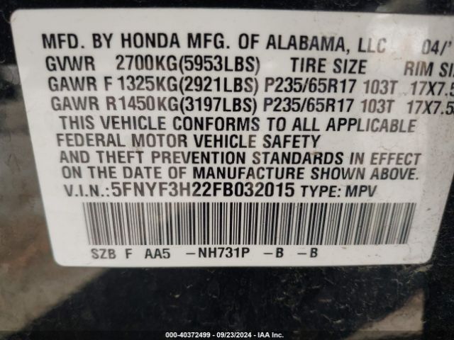 5FNYF3H22FB032015 Honda PILOT LX
