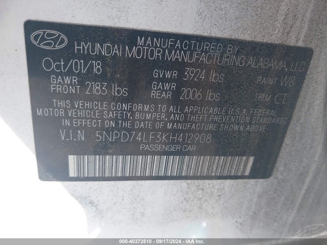 Hyundai ELANTRA SE 2019 5NPD74LF3KH412908 Image 9