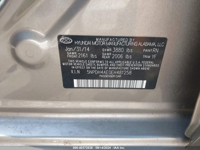 2014 Hyundai Elantra Se მანქანა იყიდება აუქციონზე, vin: 5NPDH4AE0EH481258, აუქციონის ნომერი: 40372536